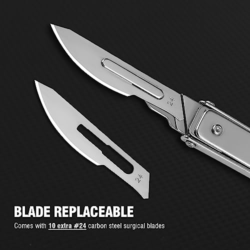 Folding Scalpel Pocket Knife, EDC Utility Surgical Knives With 10pcs #24 Replaceable Razor Blades for Outdoor Hunting Everyday Carry, Small Knife Collection Unique Gift for Men Women