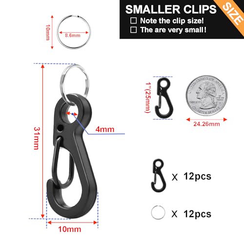 Mini Carabiner Clip Set - 12 Small Metal Spring Hooks + Rings