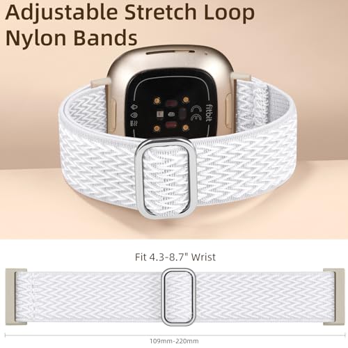 Maledan Replacement Band for Fitbit Sense / Sense 2, Versa 3/4, White, 4.5-9.5 in (114-241mm) - Breathable Nylon Strap