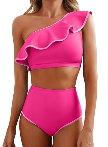 Herseas Women's One-Shoulder Bikini Set with Ruffle Hem, High-Waisted, Medium, Bright Pink