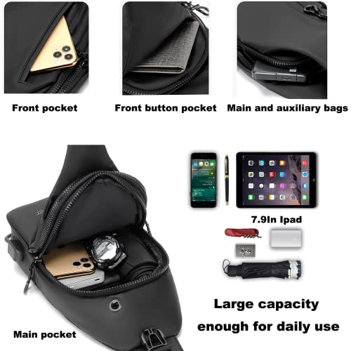 Black Waterproof Sling Bag for Men Shoulder Crossbody Outdoor Lightweight