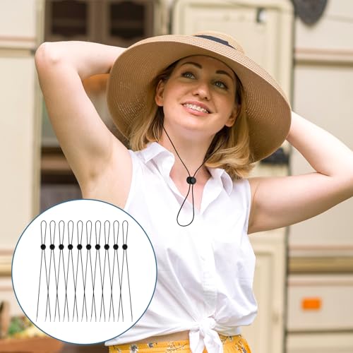 Adjustable Hat Chin Cord Clips - 10 Pcs Elastic Strap - Black