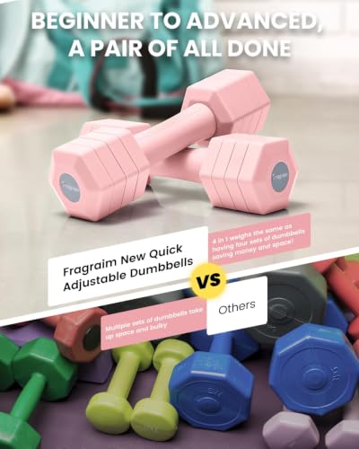 Fragraim 10 lb Adjustable Dumbbell Set, 5 lb–2.5 lb per Dumbbell (Pink) 4-in-1 Weight System