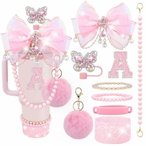 JIASHEBDE Stanley Tumbler Bling Accessories Set – Pink Peony Variation with Bow Topper, Stir Straw, Charms & Pearl Strap