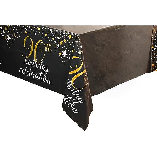 Sparkle and Bash 3 Pack Happy 90th Birthday Tablecloth, Disposable Plastic Cover (54 x 108 in) - Cheers to 90 Years Party Supplies
