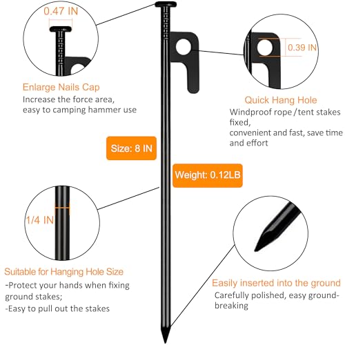 Heavy Duty 8 Inch Metal Tent Stakes - 8 Pcs Camping Pegs