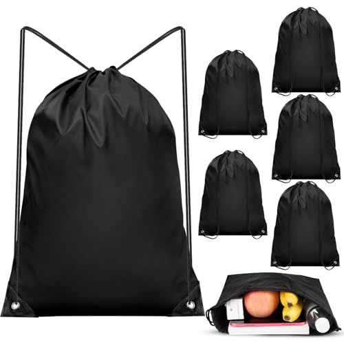 6 Pack Black Drawstring Bags - Lightweight Cinch Sacks for Sports & Travel