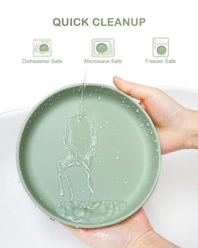 Baby Silicone Suction Plates 3-Pack 7.1 inch, Qyeejong Toddler Dishes – Cappuccino, Moonlit Ocean, Sage Green