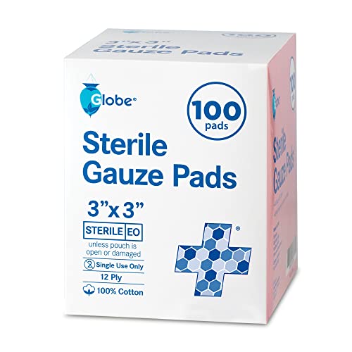 Globe Sterile Gauze Pads 3x3 Inches, 12-Ply Cotton, Individually Packaged, 100 Count