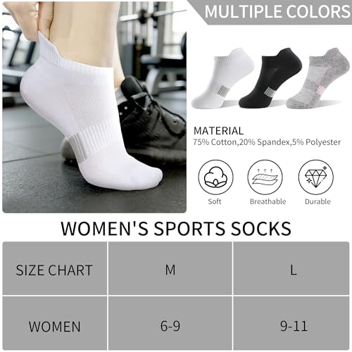 Athletic Ankle Socks for Women - 6 Pairs Black+White+Grey 6-11