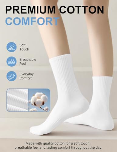 Womens Cotton Crew Socks - Thin Long Casual Workout - 5 Pairs White