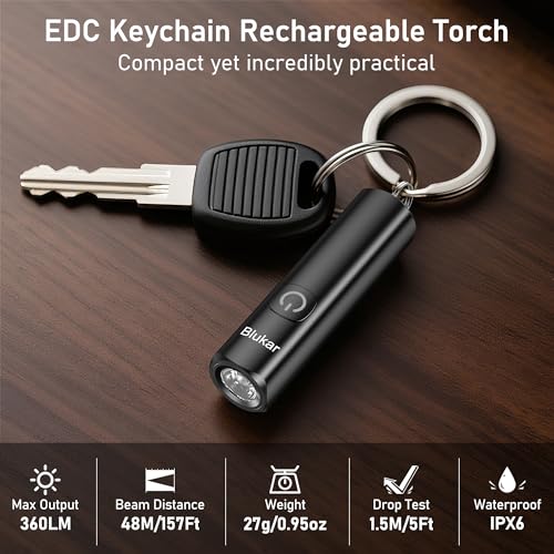 EDC Rechargeable Keychain Flashlight - 360L Mini Portable - Black