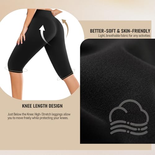 High Waisted Knee Length Leggings for Women - Tummy Control, Large-X-Large, Black