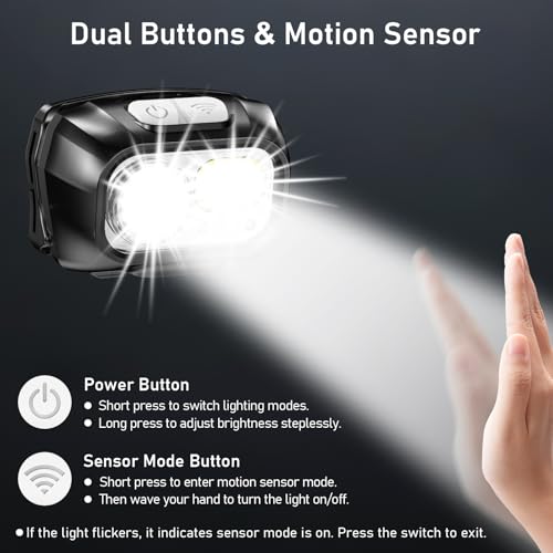Rechargeable LED Headlamp - 2000L Brightness, 8 Modes & Motion Sensor - 2 Pack - Black