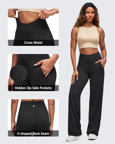 G4Free Women's High Waist Wide Leg Yoga Pants Black Medium - Cross Waist Casual Trousers with Zipper Pockets, 29/31/33 Inches