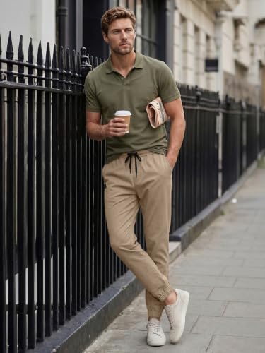 JMIERR Men's Cotton Stretch Joggers - Casual Twill Track Pants, Large, Soft Khaki
