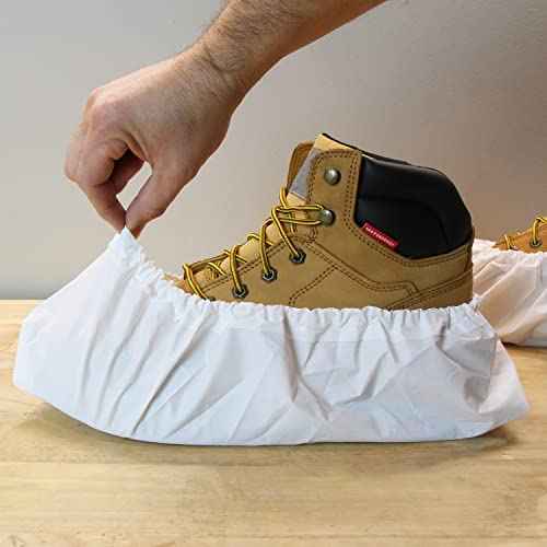 Waterproof Boot and Shoe Covers - Durable, Extra Large, Stretchable Up to Size 14 Work Boot - Dispenser Box Contains 80 Shoe Covers (40 Pair) - White
