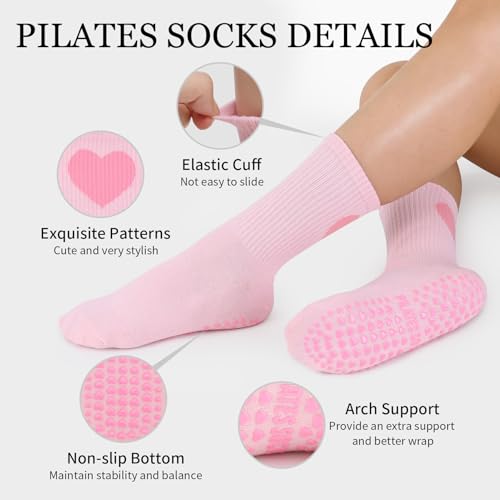 Pilates Socks with Grips for Women - Heart Striped, 5 Pack