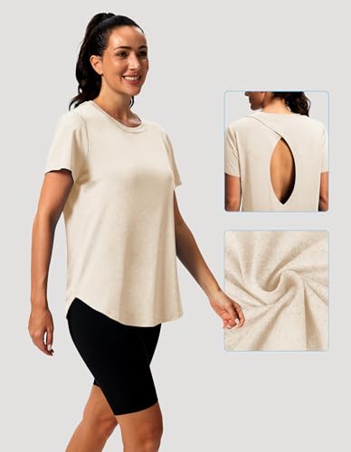 Alaroo Women's Open Back Workout Tops Large Cream Short Sleeve Pilates Activewear