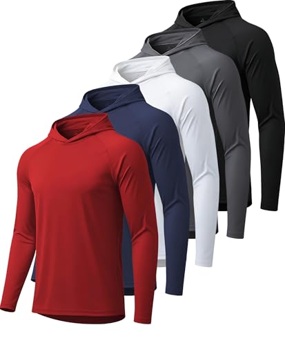 Men's UV UPF 50+ Sun Protection Hoodies 5-Pack - Long Sleeve Rash Guard Shirts, Lightweight Fishing & Swimwear