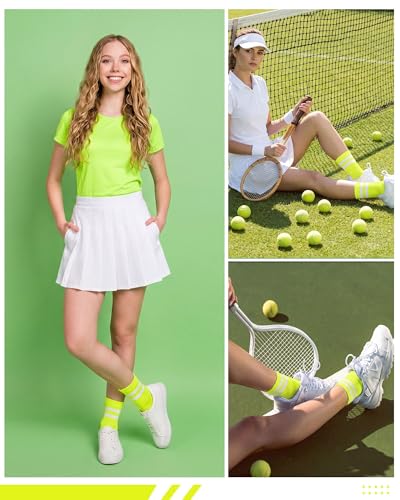 Unisex Athletic Crew Stripe Socks - Fluorescent Yellow & White (2 Pairs)
