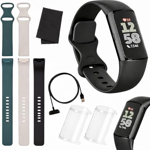 Fitbit Charge 6 Fitness Tracker Bundle - Black/Obsidian with Charger & Cloth