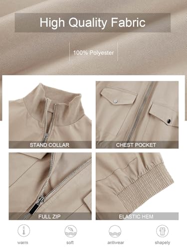 Fisoew Women's Cropped Khaki Bomber Jacket X-Small Lightweight Zip Up Coat