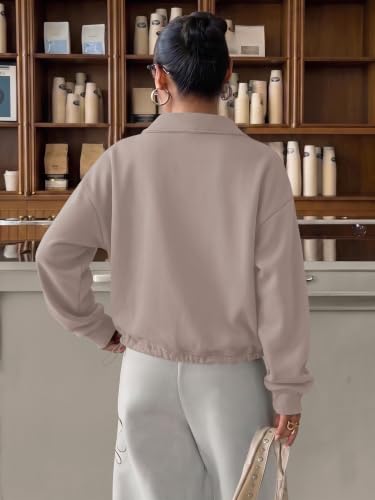 Rexley Women’s Quarter Zip Pullover Crop Sweatshirt – Cinchable Fleece (Medium, Nude Pink)