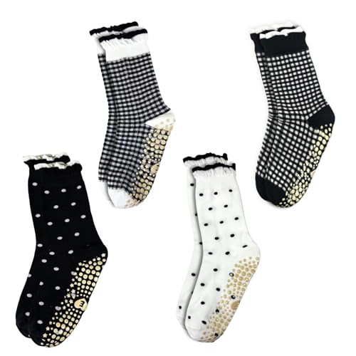 Non-Slip Polka Dot Yoga Socks for Women - Ruffle Crew Style, One Size / Black Dots & Grids
