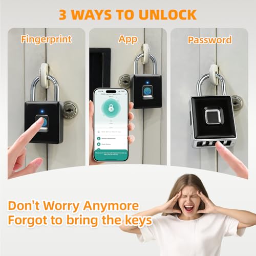 Fingerprint Padlock - Biometric Gym Lock with APP Unlock, Smart Locks for Lockers with Code, Waterproof Keyless Fingerprint Lock for Gym, School