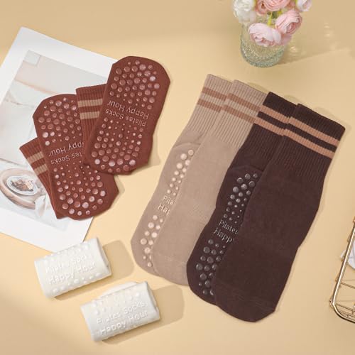 Non-Slip Pilates Grippy Socks for Women - One Size, 4 Pairs - Coffee, Brown, Khaki, White