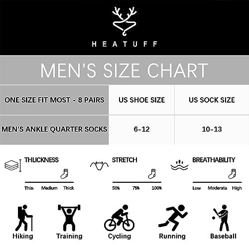 Heatuff Men's Ankle Athletic Socks 8 Pairs Black One Size Moisture Wicking Sports & Running Socks