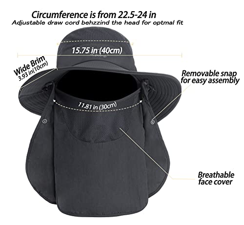 Wide Brim Sun Hat for Men Women - UV Protection with Face Cover & Neck Flap - One Size Dark Grey