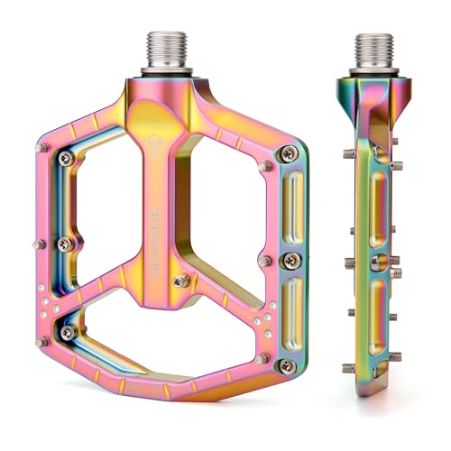 GEWAGE Rainbow Aluminum Mountain Bike Pedals - Flat Platform, Sealed Bearings, Anti-Slip Pins, 9/16 Inch