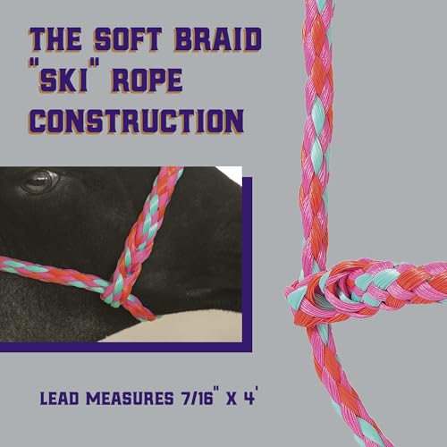 Adjustable Braided Poly Rope Sheep & Goat Halter with Lead - Hot Pink/Coral/Mint