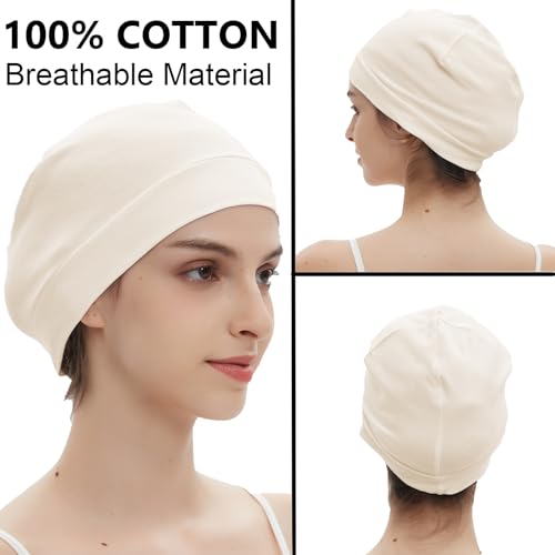 100% Cotton Skull Caps Beanie Sleeping Hats - 3 Pieces Beige, Light Purple, Pink