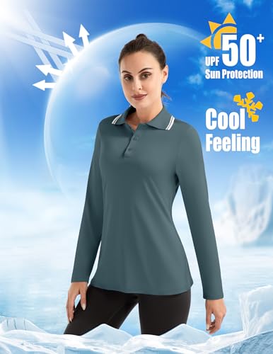 Women's Long Sleeve Golf Polo Shirt - X-Small, Xmist Blue, UPF 50+