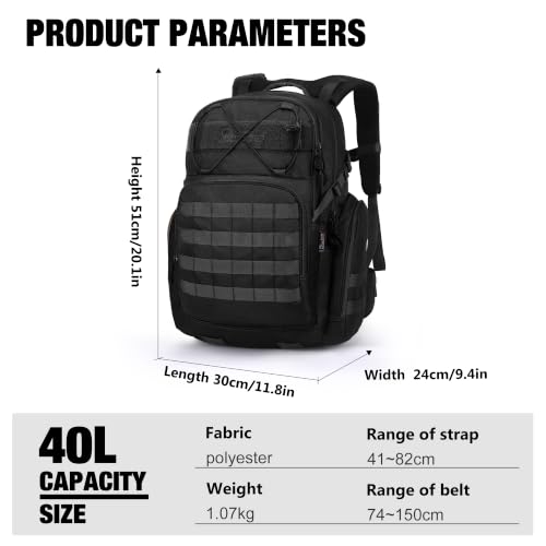 Mardingtop 40L Tactical Backpack Black – Large 3-Compartment Molle Rucksack for Hiking Gear
