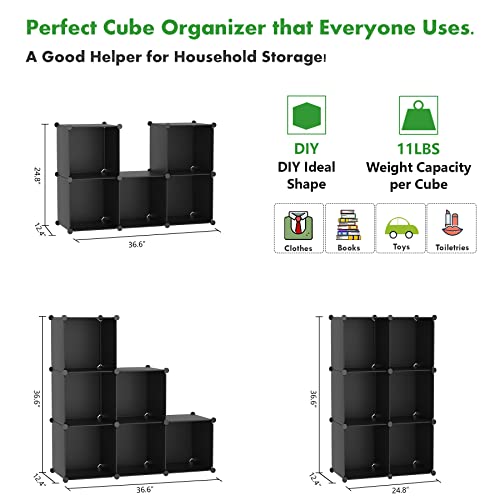 C&AHOME 6-Cube Storage Organizer, Stackable Storage Cubes Shelves, Portable Bookshelf, Plastic Clothing Storage Closet Organizer, DIY Modular Shelving Units for Wardrobe, Home, Black