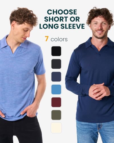 Merino.tech X-Large Black Men’s Merino Wool V-Neck Polo Shirt - Short & Long Sleeve
