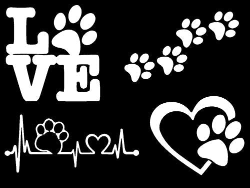 Paw Decals 4 Pack - Dog Paws, Love with Paw, Heartbeat, Prints - White, Small ~3.5"