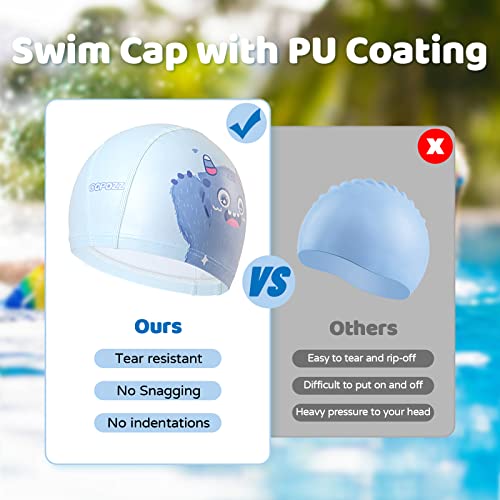 Kids Swim Cap - Quick Dry Spandex Hat for Long & Short Hair - Blue Monster