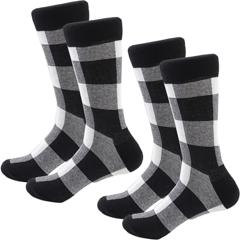 Buffalo Plaid Cotton Crew Socks - Warm Hiking Casual 2-Pairs - Black+Black (10-14)