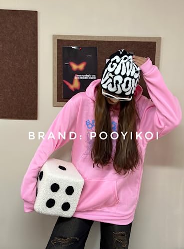 Y2K Beanie Hat - Knitted Wool Pullover with Letter & Star Print - Pink, One Size