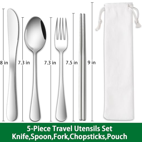 Portable Stainless Steel Travel Utensils Set with Pouch - Silver