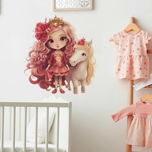 Lovely Rose Girl and Cute Filly Wall Stickers, sacinora Red Princess and Unicorn Wall Decals Removable Vinyl Peel and Stick for Kids Baby Nursery Bedroom Playroom Art Decorations