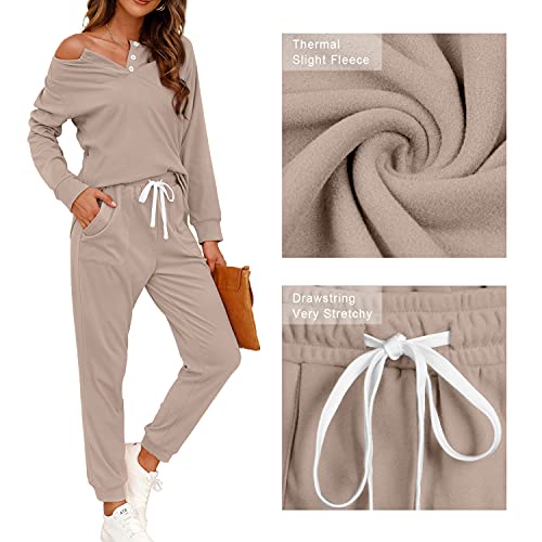 WIHOLL Medium Beige Two Piece Lounge Set for Women Long Sleeve Sweatshirt & Pants