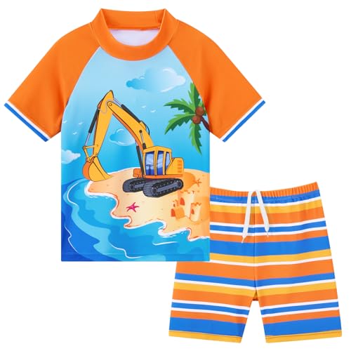 Kids Boys 2-Piece Shark Swimsuit with Rash Guard & Trunk - Yellow Truck 4-5T
