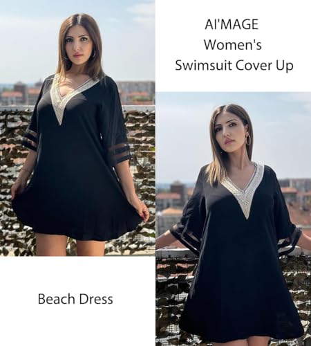 Women's Beach Cover Up - 3/4 Bell Sleeve Deep V-Neck - Black, X-Large