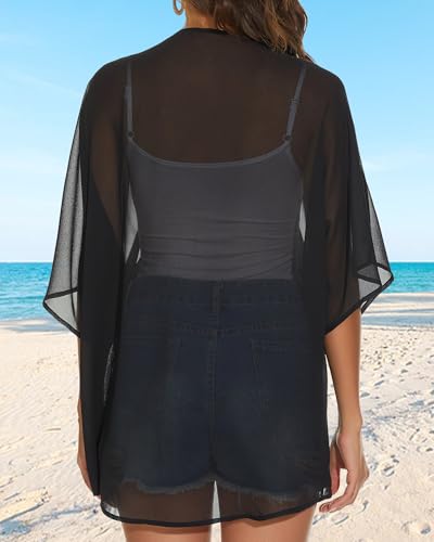 JILUVIN Women's Large Black Kimono Cardigans Beach Cover Up Summer Top